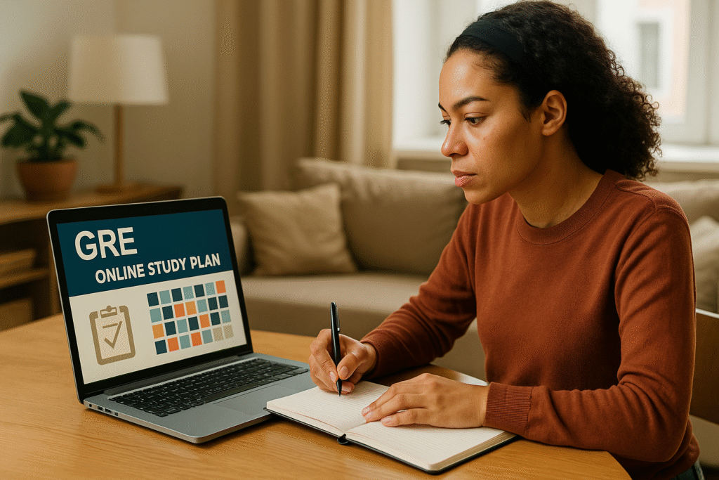 Student preparing for the GRE with a flexible online study plan.” please student not teacher in picrtuer